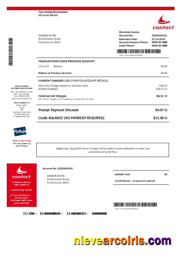 New Zealand Contact Energy proof of energy business utility bill